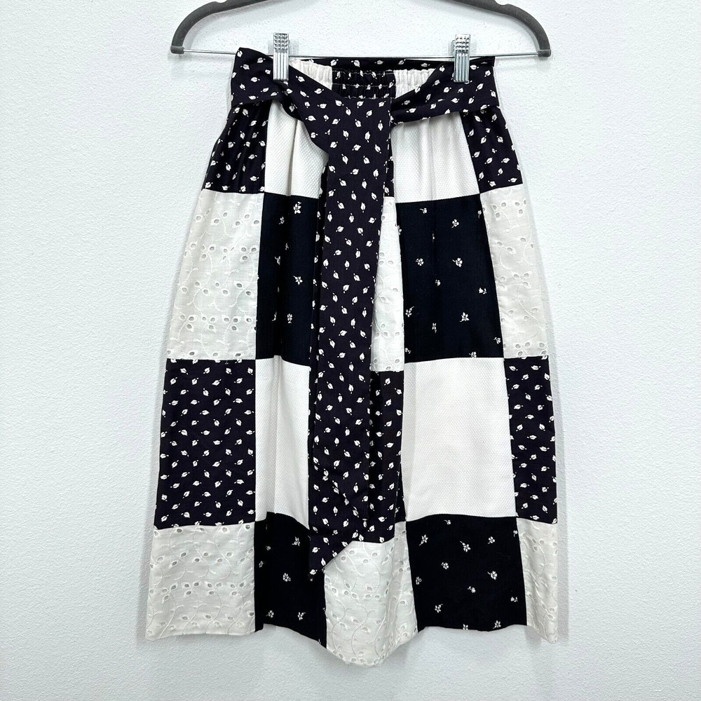 Vintage 70s Patchwork Midi Skirt Checkered Cottagecore Retro Mod Housewife